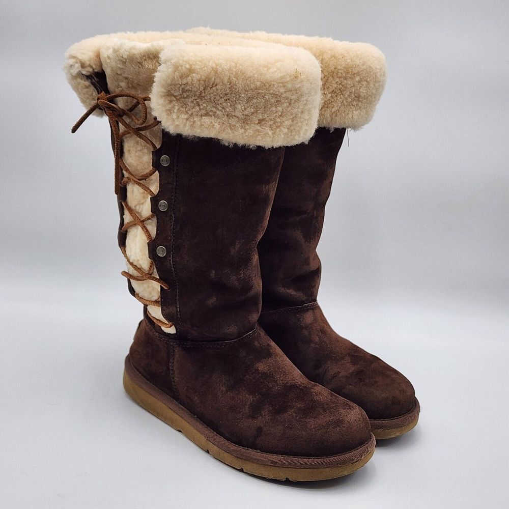 UGG AUSTRALIA UPSIDE Womens‎ Size 7 Brown Suede Sheepskin Lace Up Boots 5163
